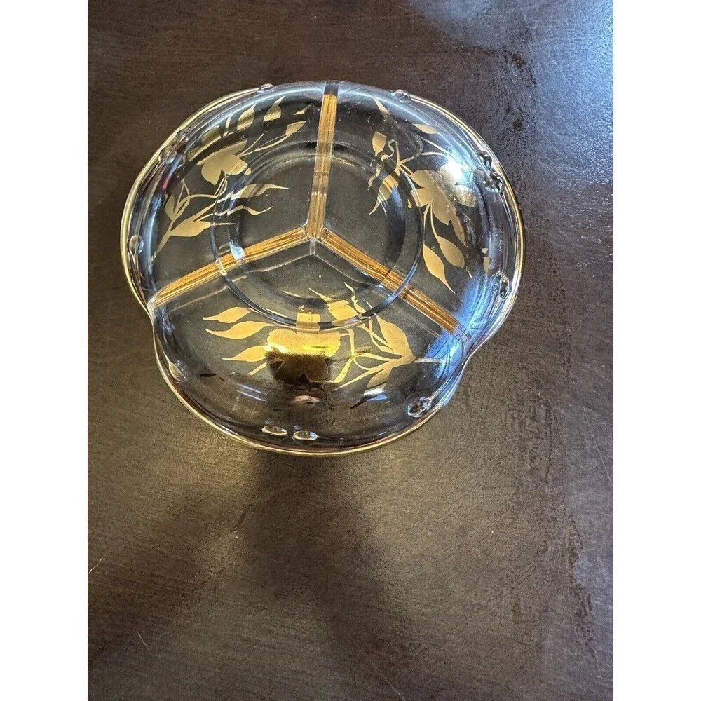 Vintage three sectioned gold trimmed candy dish, 8 inch diameter, MCM, holiday